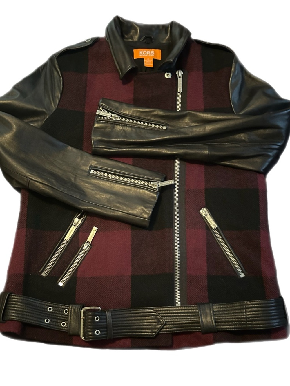 KORS Buffalo Plaid Belted Moto Jacket Size M